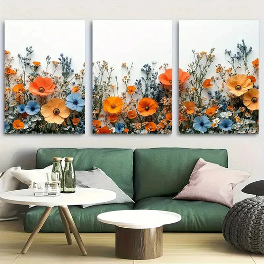 3pcs Muted Wild Flowers On White Background Metal Print Ready to Hang Art