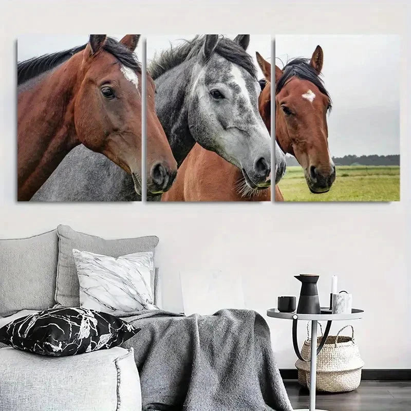 3pcs Close Up of Brown and Grey Horses Beautiful Metal Print Ready to Hang Art