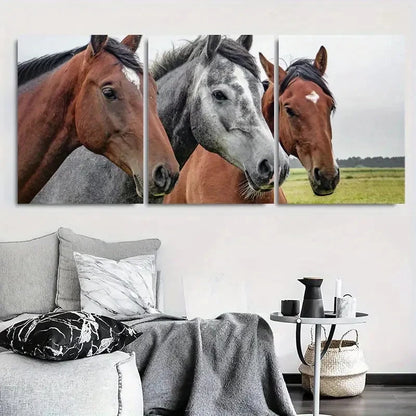 3pcs Close Up of Brown and Grey Horses Beautiful Metal Print Ready to Hang Art