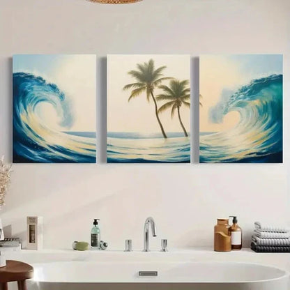 3pcs Ocean Wave & Palm Tree Canvas Wall Art Canvas Unframed - High Quality Print 100% Australian Made Wall Canvas