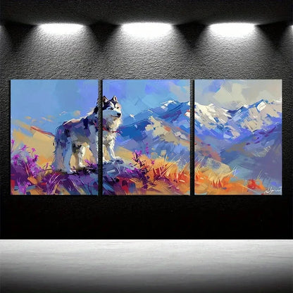 3pcs Vibrant Husky in The Flower Field Mountain Metal Print Ready to Hang Art