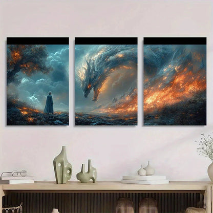 3pcs Mythical Dark Forest and Dragon Fantasy Metal Print Ready to Hang Art
