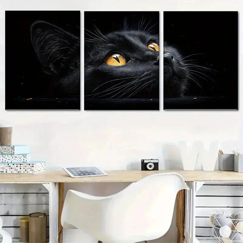 3pcs Black Cat Golden Eyes Feline Portrait Metal Print Ready to Hang Art