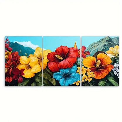 3pcs Santiago Travel Floral Illustration Wall Art Set Canvas Framed 50x70cm - High Quality Print 100% Australian Made Wall Canvas Ready to Hang