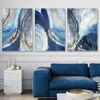 3pcs Blue Golden And White Paintings Metal Print Ready to Hang Art