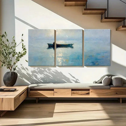3pcs Abstract Ocean Scene Solitary Boat Metal Print Ready to Hang Art