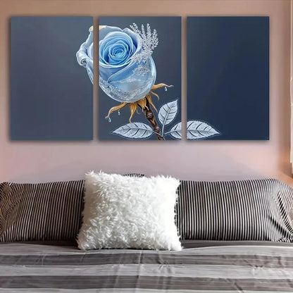 3pcs Blue Rose With Water Droplets Wall Art Set Canvas Framed 40x60cm - High Quality Print 100% Australian Made Wall Canvas Ready to Hang