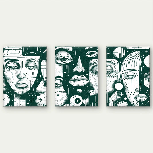 3pcs Modern Abstract Green & White Face Portrait Wall Art Set Canvas Framed 50x70cm - High Quality Print 100% Australian Made Wall Canvas Ready to Hang