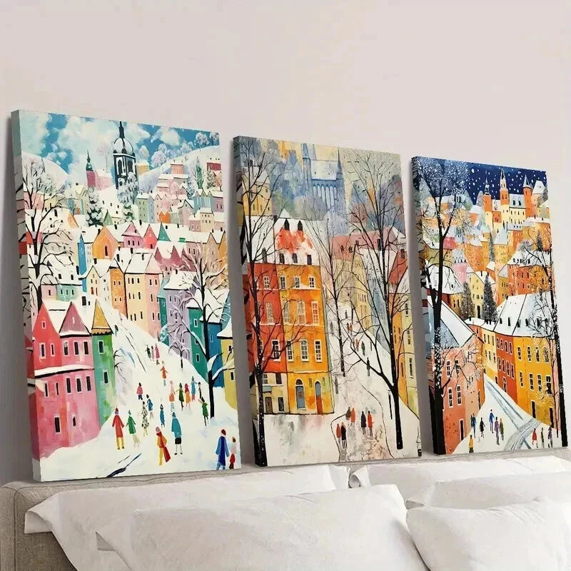 3pcs Urban Winter Snow Scene Landscape Wall Art Set Canvas Framed 40x60cm - High Quality Print 100% Australian Made Wall Canvas Ready to Hang