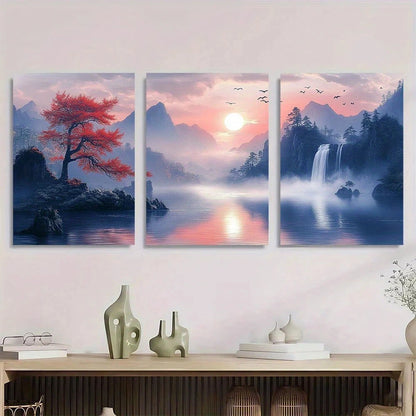 3pcs Mountain Flying Cranes Misty Atmosphere Metal Print Ready to Hang Art