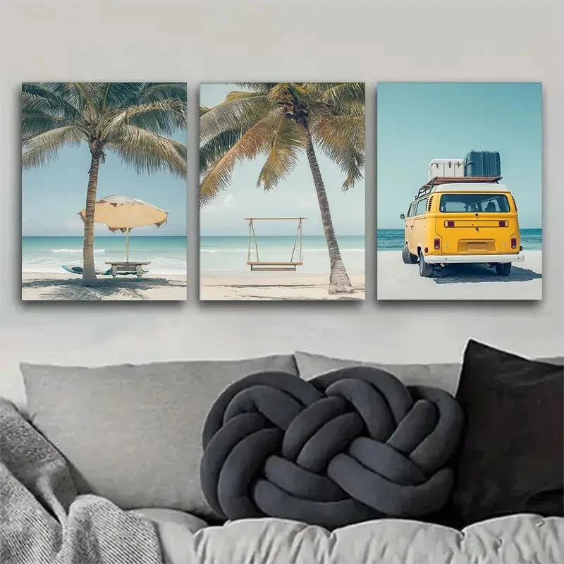3pcs Tropical Palm Tree Ocean Hammock Chair Metal Print Ready to Hang Art