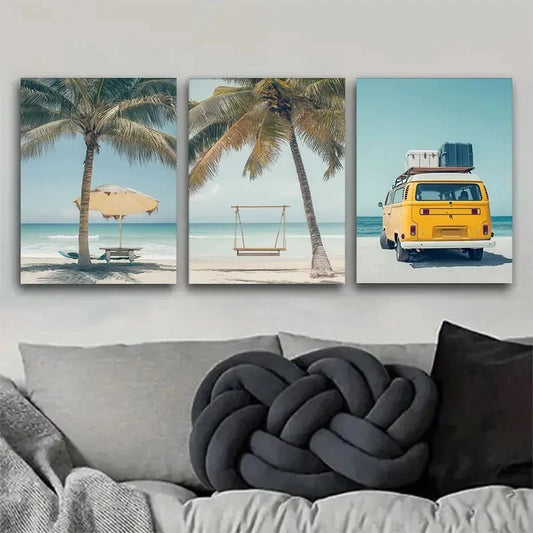 3pcs Tropical Palm Tree Ocean Hammock Chair Metal Print Ready to Hang Art