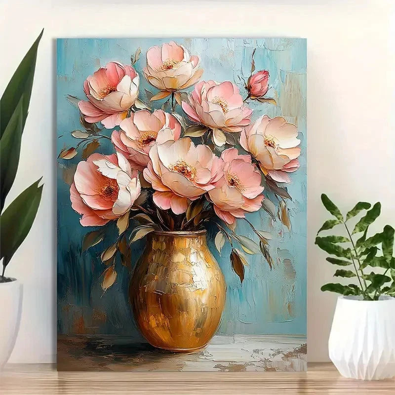 Beautiful Flowers In Golden Vase On Blue Painting 40x60cm Metal Print Ready to Hang