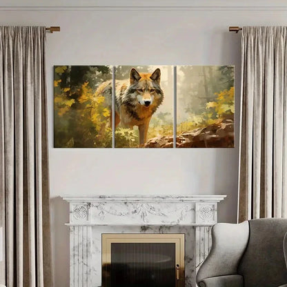 3pcs Wolf Forest Autumn Animal Art Vintage Metal Print Ready to Hang Art