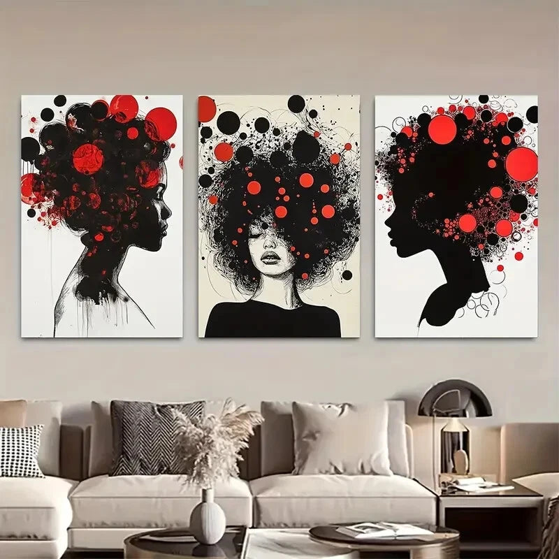 3pcs Abstract Beautiful African Girl Black Fashion Metal Print Ready to Hang Art