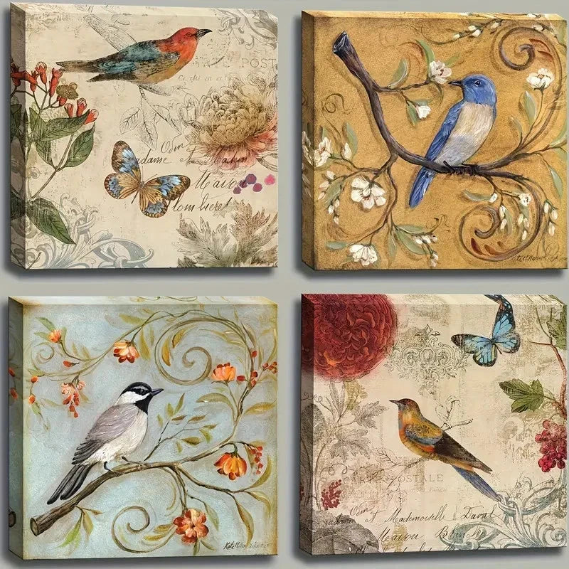 4pcs Elegant Floral & Bird Design Wall Art Canvas Framed