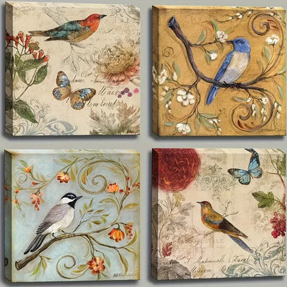 4pcs Elegant Floral & Bird Design Wall Art Canvas Framed