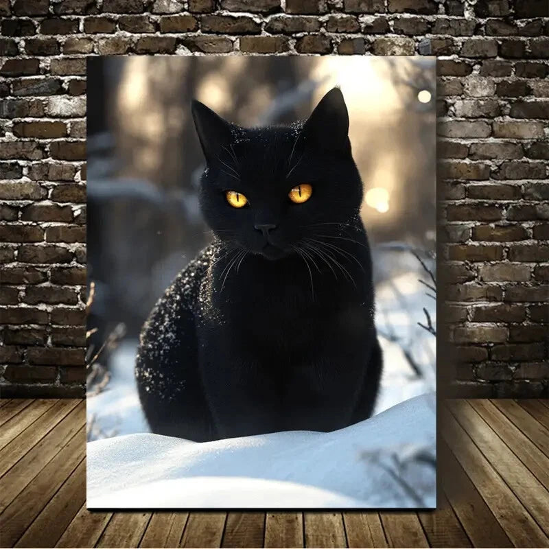 Beautiful Black Cat On The Snow Painting 40x60cm Metal Print Ready to Hang