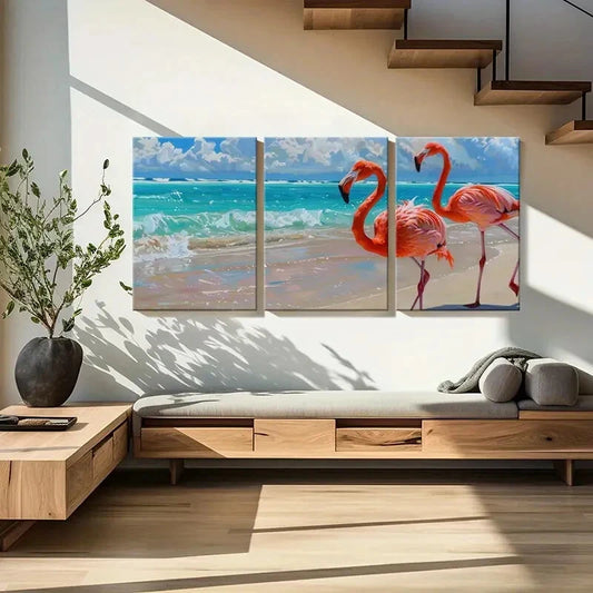 3pcs Flamingo Ocean Beach Sky Animal Art Metal Print Ready to Hang Art