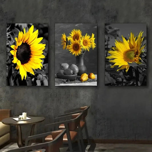 3pcs Triple Sunflower Black And White Metal Print Ready to Hang Art