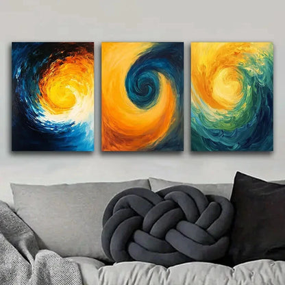 3pcs Swirling Yellow and Blue Abstract Orientation Metal Print Ready to Hang Art