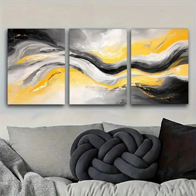 3pcs Modern Abstract Yellow Grey and Black Metal Print Ready to Hang Art