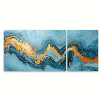 3pcs Golden Accents Abstract Light Blue Marbled Metal Print Ready to Hang Art