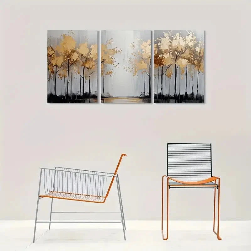 3pcs Abstract Tree Golden Leaf Metal Print Ready to Hang Art