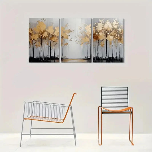 3pcs Abstract Tree Golden Leaf Metal Print Ready to Hang Art