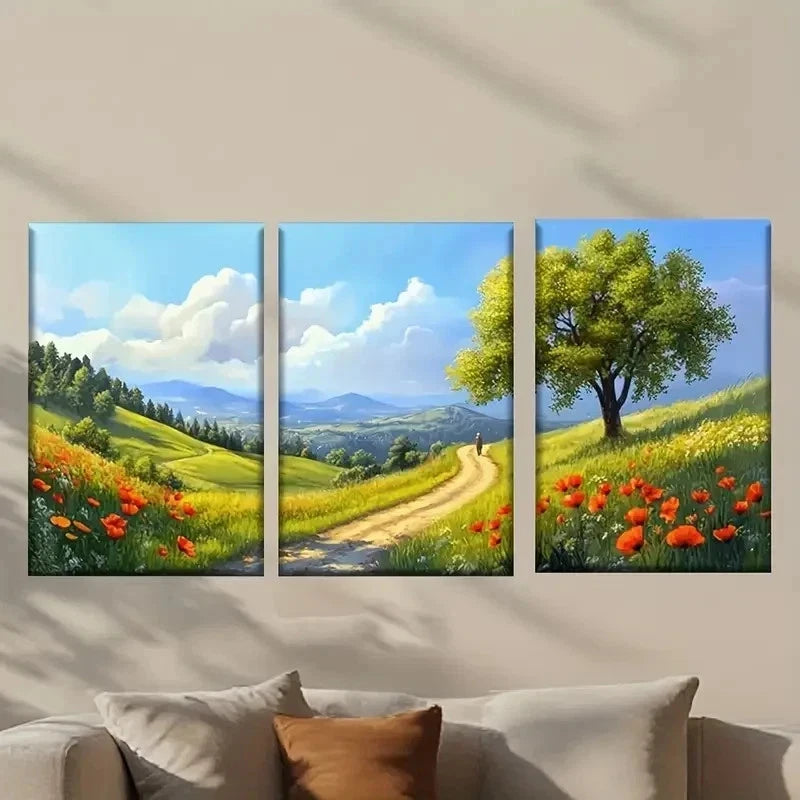 3pcs Landscape with Rolling Hills & Wildflowers Wall Art Set Canvas Framed 40x60cm - High Quality Print 100% Australian Made Wall Canvas Ready to Hang