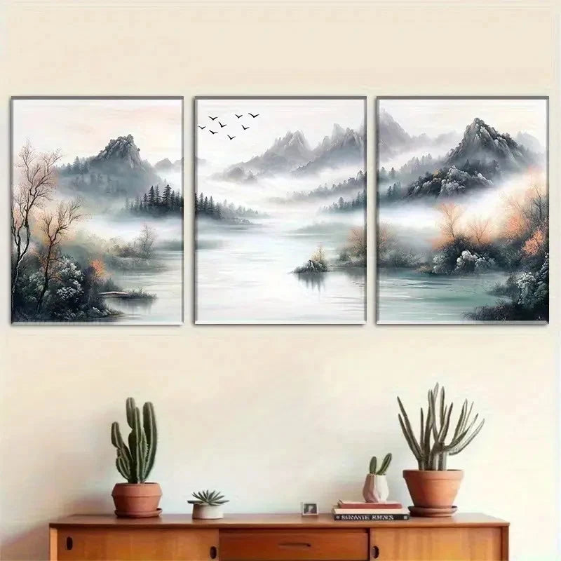 3pcs Chinese Style Landscape with Fog and Birds Metal Print Ready to Hang Art