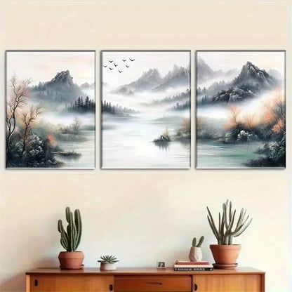 3pcs Chinese Style Landscape with Fog and Birds Metal Print Ready to Hang Art