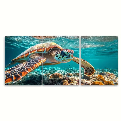 3pcs Aquatic Serene Underwater Turtle Metal Print Ready to Hang Art