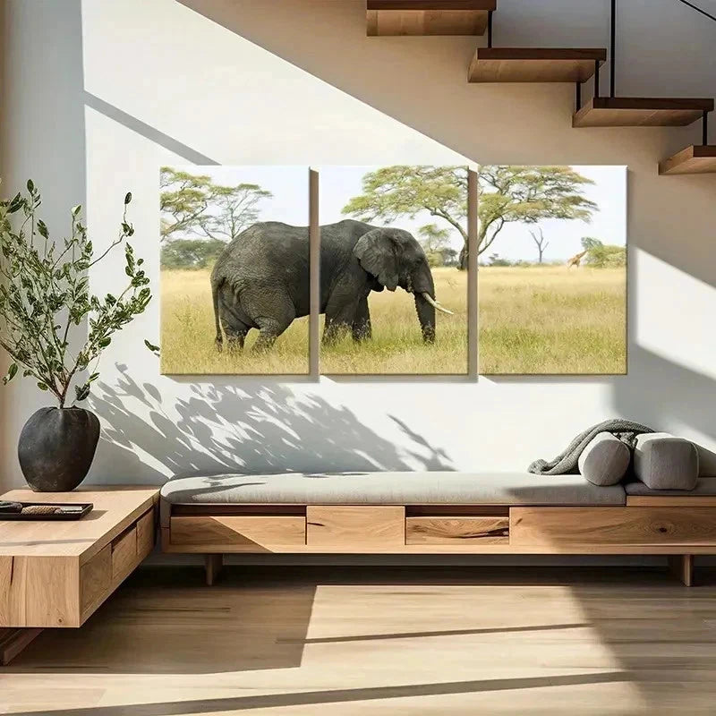 3pcs African Elephant Savanna Portrait Wall Art Set Canvas Framed 40x60cm - High Quality Print 100% Australian Made Wall Canvas Ready to Hang