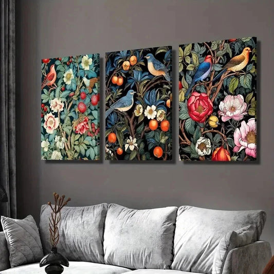 3pcs Vintage Garden Flowers and Birds Wall Art Set Canvas Framed 40x60cm - High Quality Print 100% Australian Made Wall Canvas Ready to Hang