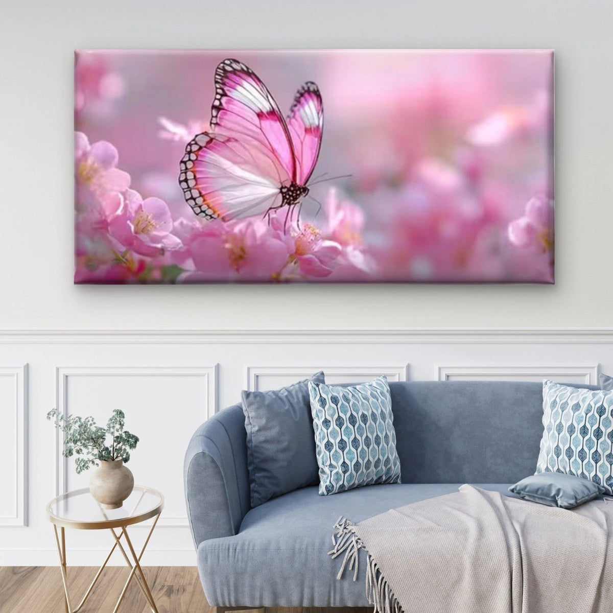 Soft Pink Butterfly & Cherry Wall Art Canvas Office Home Room Framed 120x60cm