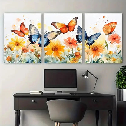 3pcs Vibrant Serene Summer Meadow with Butterflies Metal Print Ready to Hang Art