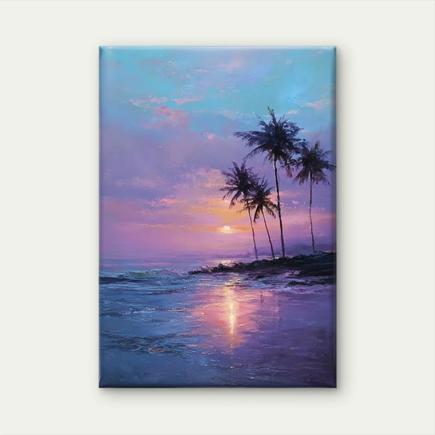 Beach Sunset Painting with Silhouetted Palm Trees  60x90cm Metal Print Ready to Hang