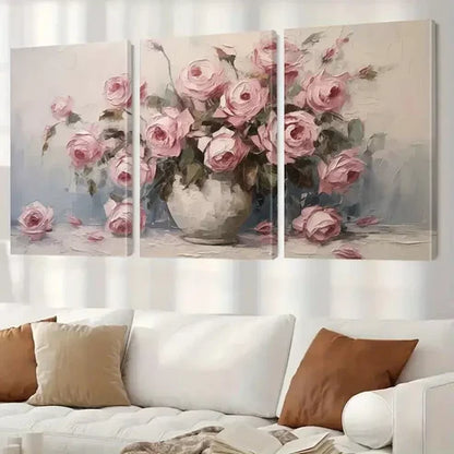 3pcs Pink Roses Floral Vase Abstract Canvas Framed 60X90cm - High Quality Print 100% Australian Made Wall Canvas Ready to Hang