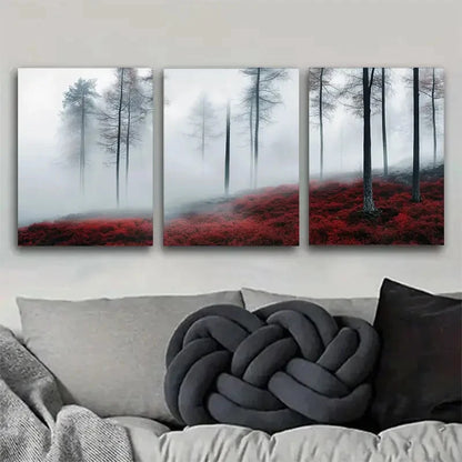 3pcs Red Autumn Leaves Fog Forest Landscape Metal Print Ready to Hang Art