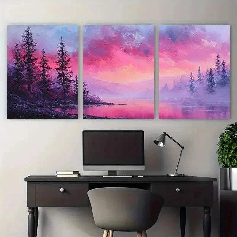 3pcs Pink Forest Valley Lake Texture Perfect Wall Art Set Canvas Framed 60x90cm - High Quality Print 100% Australian Made Wall Canvas Ready to Hang