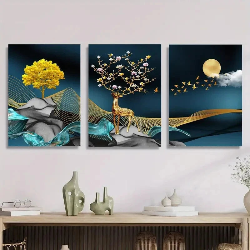 3pcs Flying Birds, Full Moon, Money Tree Metal Print Ready to Hang Art