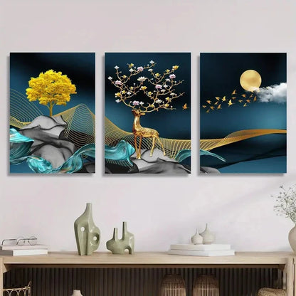 3pcs Flying Birds, Full Moon, Money Tree Metal Print Ready to Hang Art