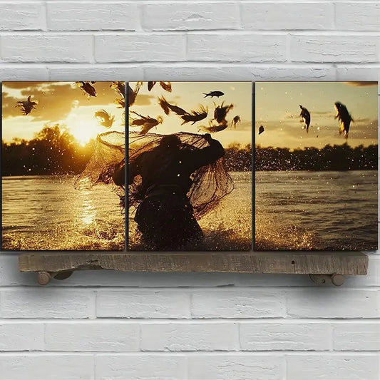 3pcs Fishermen Casting Nets Sunset Metal Print Ready to Hang Art