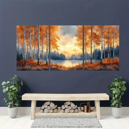 3pcs Autumn Forest Landscape with Vibrant Fall Metal Print Ready to Hang Art