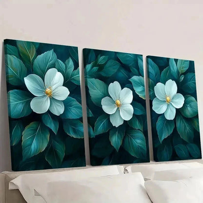 3pcs Green Leaves & White Flowers Decoration Wall Art Set Canvas Framed 40x60cm - High Quality Print 100% Australian Made Wall Canvas Ready to Hang