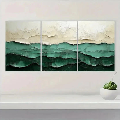3pcs Abstract Green & White Textured Metal Print Ready to Hang Art