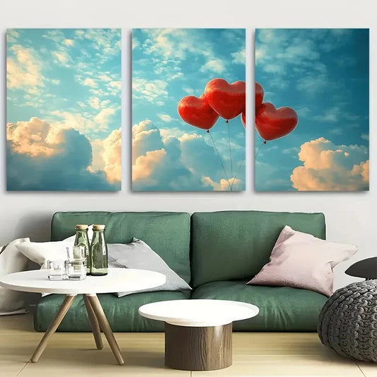 3pcs Romantic Heart Balloons in the Sky Metal Print Ready to Hang Art