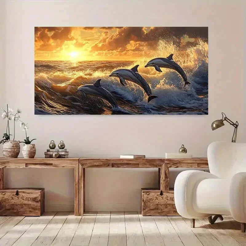 Vibrant Dolphin Leaping wall canvas office home room framed 120x60cm - Bella Home Decor