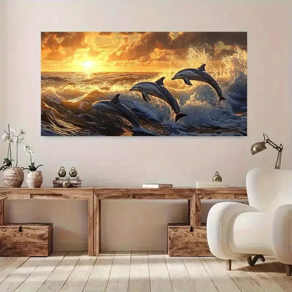 Vibrant Dolphin Leaping wall canvas office home room framed 120x60cm - Bella Home Decor